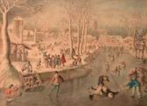 Scaters And Other Figures On Frozen Water, A Village In The Distance by Antoni Verstralen (van Stralen)