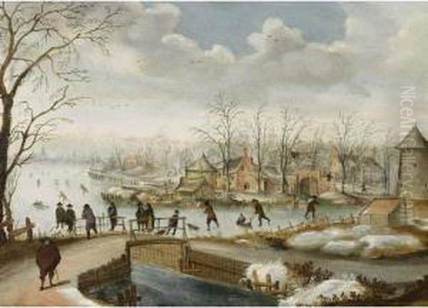 A Winter Landscape With Skaters On A Frozen River Near A Village And Figures On A Bridge - view 1