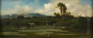 Paesaggio Palustre Con Cavalli by Achille Vertunni