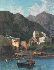 Fishermen Arriving At An Italian Village Port by Achille Vertunni