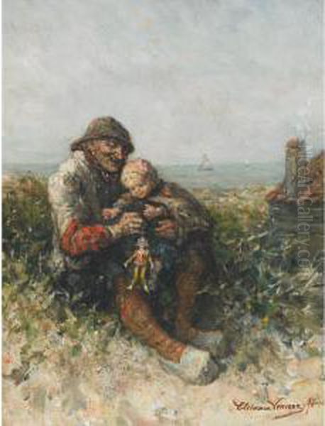 Little Girl On Grandfather""""s Knee Playing With A Doll - view 1