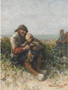 Little Girl On Grandfather""""s Knee Playing With A Doll by Elchanon Verveer