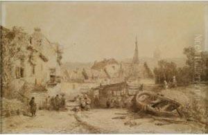 Figures In A Fishing Town by Salomon Leonardus Verveer