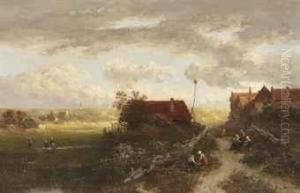 A Summer Landscape With Villagers On A Path And Woman Doinglaundry by Salomon Leonardus Verveer
