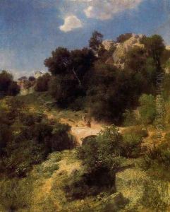 Bridge in a mountain landscape by Arnold Bocklin