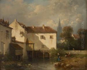 Lavandieres Au Bord Du Cours D'eau by Salomon Leonardus Verveer