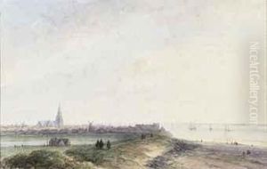 Ships Near The Walls Of A Dutch City by Salomon Leonardus Verveer