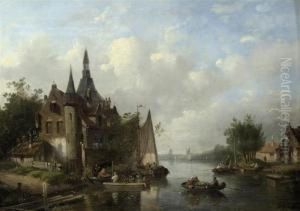 Boats On A River Near A Dutch Town by Salomon Leonardus Verveer