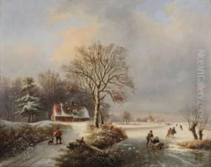 Hollands Rivierlandschap Met Schaatsers En Reiziger Met Hond Bij Hoeve