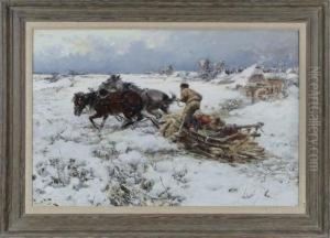 Winter Scene Depicting Twohorses Pulling A Sled With Three Figures.