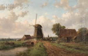 View Of Figures By A Bridge And Windmill by Willem Vester