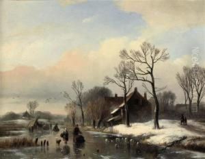 Figures On A Frozen Stream Near A Farm House by Willem Vester