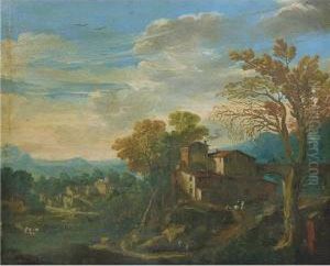 Paesaggio Fluviale Con Borghi Medievali E Viandanti