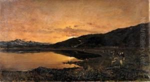 Paesaggio Lacustre Con Pastorella E Gregge by Mario Viani D'Ovrano