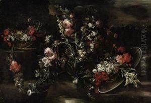 Tulips, Roses, Carnations, Narcissi, And Other Flowers In Alandscape by Francesca Vicenzina