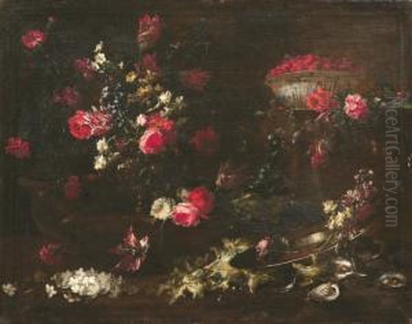 Natura Morta Con Fiori In Un Vaso Sbalzato, Coppa Di Fragole, Insalata Riccia E Ostriche - view 1