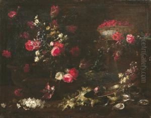 Natura Morta Con Fiori In Un Vaso Sbalzato, Coppa Di Fragole, Insalata Riccia E Ostriche