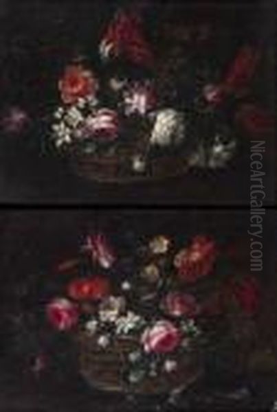 Nature Morte Au Bouquet De Fleurs Dans Un Panier D'osier - view 1