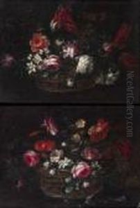 Nature Morte Au Bouquet De Fleurs Dans Un Panier D'osier by Vicenzino