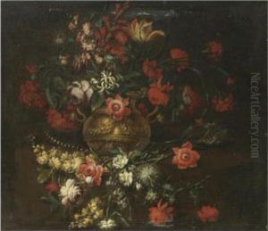 A Still Life With Carnations, Roses, Tulips, Foxgloves And Other Flowers In A Sculpted Urn by Vicenzino