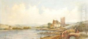 Figures Crossing A Bridge In A River Landscape