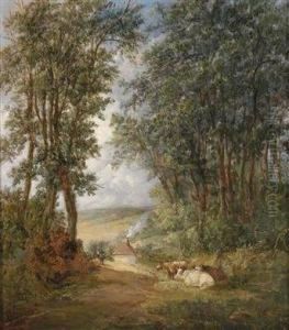 Woodland Landscape With Cows Resting In The Foreground by Alfred Vickers