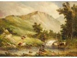 Cattle Watering In A Mountain Landscape by Alfred Vickers