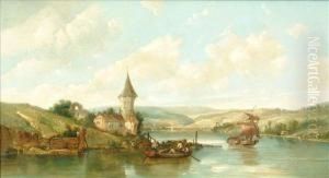A River Landscape Oil Oncanvas 46cm X 80cm