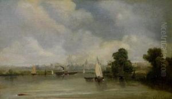 A Paddle Steamer And Sailing Boats In An Estuary With Distant Town Beyond - view 1