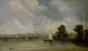 A Paddle Steamer And Sailing Boats In An Estuary With Distant Town Beyond
