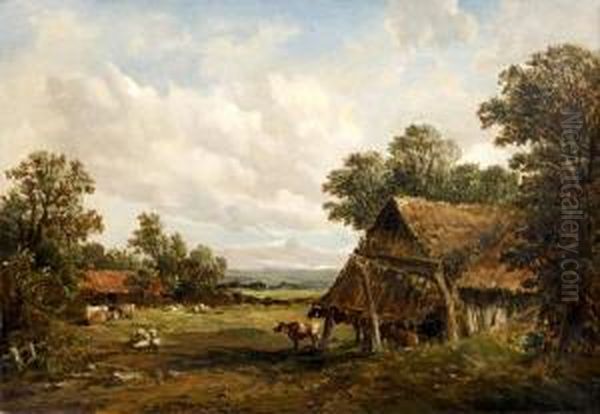 A Rural Landscape With Cattle And Sheep Grazing By Barns - view 1