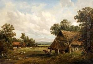 A Rural Landscape With Cattle And Sheep Grazing By Barns