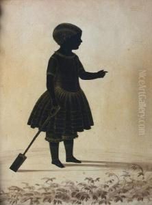 Silhouette Of A Young Child, Standingfull-length, Profile To The Right, Wearing A Dress And Holding Aspade