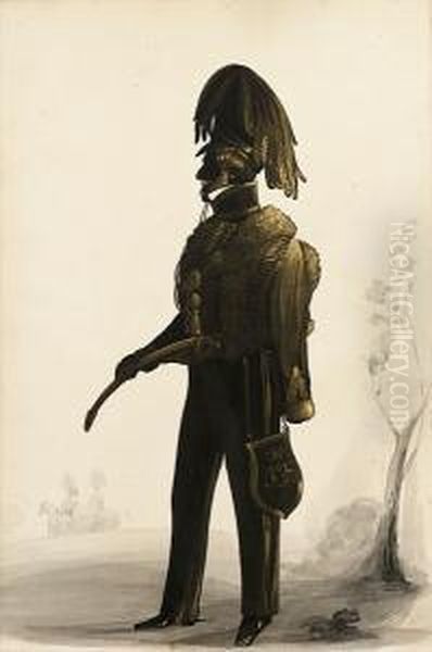 A Silhouette Of An Officer, Called Charles Hinde, Standing Full-length, Profile To The Left, Wearing Hussar Costume, Pelisse, Shako With Hanging Cock's Feather, Holding Carved Light Cavalry Sabre, Wearing A Fanciful Sabretache, Crowned Monogram Thereon - view 1