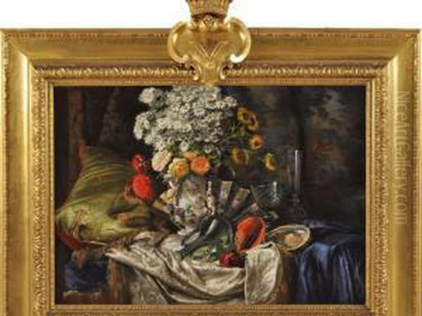 A Still Life Of Marguerites, Sunflowers And Roses With Glassware, Shells And A Fan - view 1