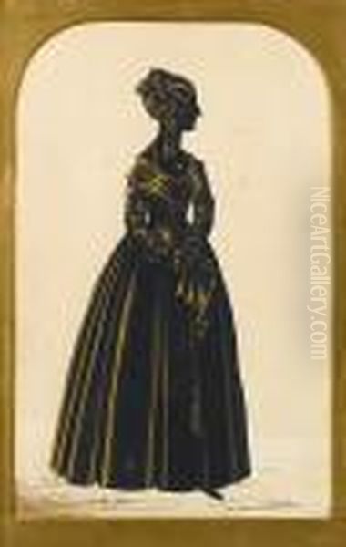 A Pair Of Silhouettes Of A Lady And Gentleman, Full-length; She, Profile To The Right, Wearing Dress, Lace Headdress And Holding A Handkerchief; He, Profile To The Left, Wearing Tailcoat, White Waistcoat And Holding A Top Hat. - view 1