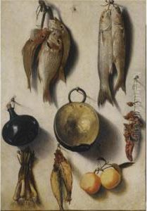 Fish, Chillies, Spring Onions, Oranges, A Flask And A Cookery Pot, All Hanging From A Wall