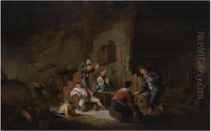 A Barn Interior With Peasants Making Music, Drinking And Dancing by Anthonie Victorijns