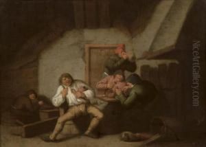 The Sense Of Taste: Boors Drinking And Smoking By A Fireplace In An Inn by Anthonie Victorijns