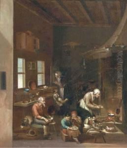 A Woman Frying Pancakes On An Open Fire, Children Eating And Otherfigures Preparing Food In A Kitchen