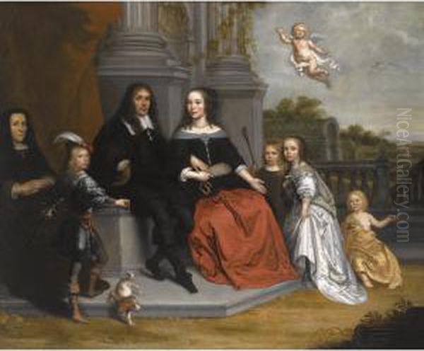 A Portrait Of A Family Within A Formal Garden Setting, The Husband And Wife Seated Beneath Two Fluted Pillars - view 1