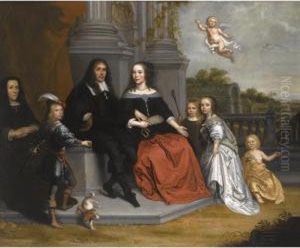 A Portrait Of A Family Within A Formal Garden Setting, The Husband And Wife Seated Beneath Two Fluted Pillars