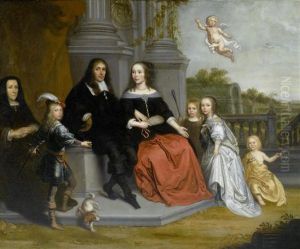 Family Portrait With Putto Before A Garden Landscape.