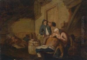 A Rustic Interior With A Woman Lousing Aman And Three Further Figures by Anthonie Victoryns