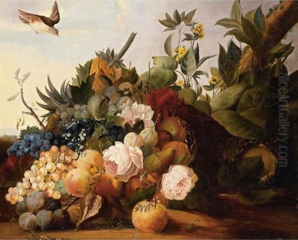 Still Life Of Fruit And Flowers In A Landscape - view 1