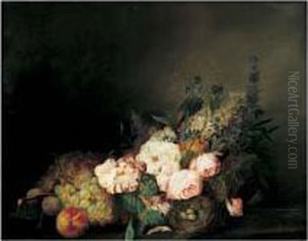 Nature Morte De Fleurs Et Fruits Sur Un Entablement - view 1