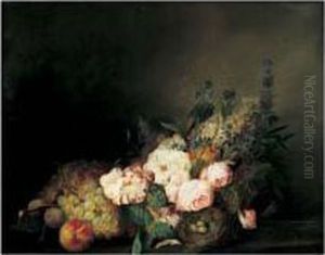 Nature Morte De Fleurs Et Fruits Sur Un Entablement