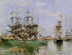 A Three Masted Ship in Port by Eugene Boudin