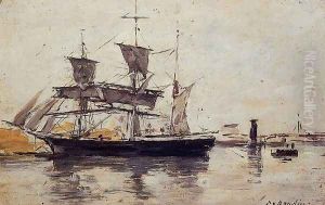 Three Masted Ship at Dock by Eugene Boudin