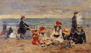 Woman and Children on the Beach at Trouville by Eugene Boudin
